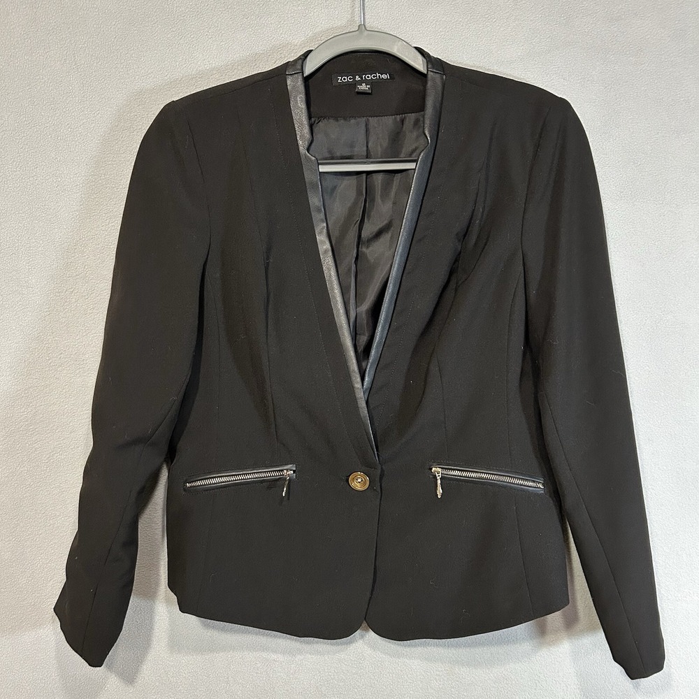 Zac & Rachel Black Blazer jacket Womens 10 Faux Leather Trim Dark Academia Work